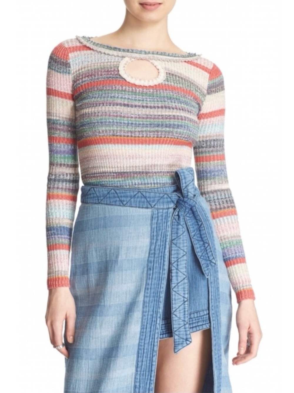 Free People Sunshine Daydream Colorful Multicolor Stripe Keyhole Sweater
